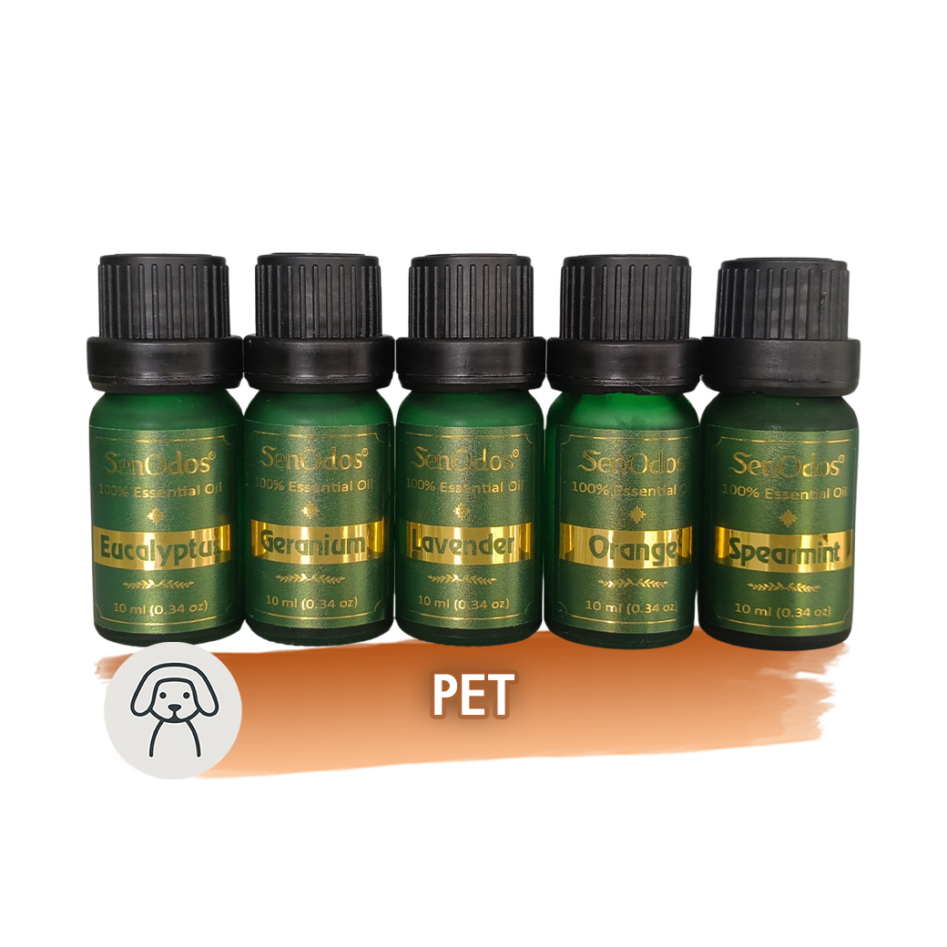 SenOdos น้ำมันหอมระเหย น้ำมันหอม อโรม่า ชุดกลิ่นสำหรับสัตว์เลี้ยง Essential Oil Pet Set 10 ml x 5 กลิ่น (กลิ่นยูคาลิปตัส, กลิ่นเจอร์เรเนี่ยม, กลิ่นลาเวนเดอร์, กลิ่นส้ม, กลิ่นสเปียร์มิ้นต์)