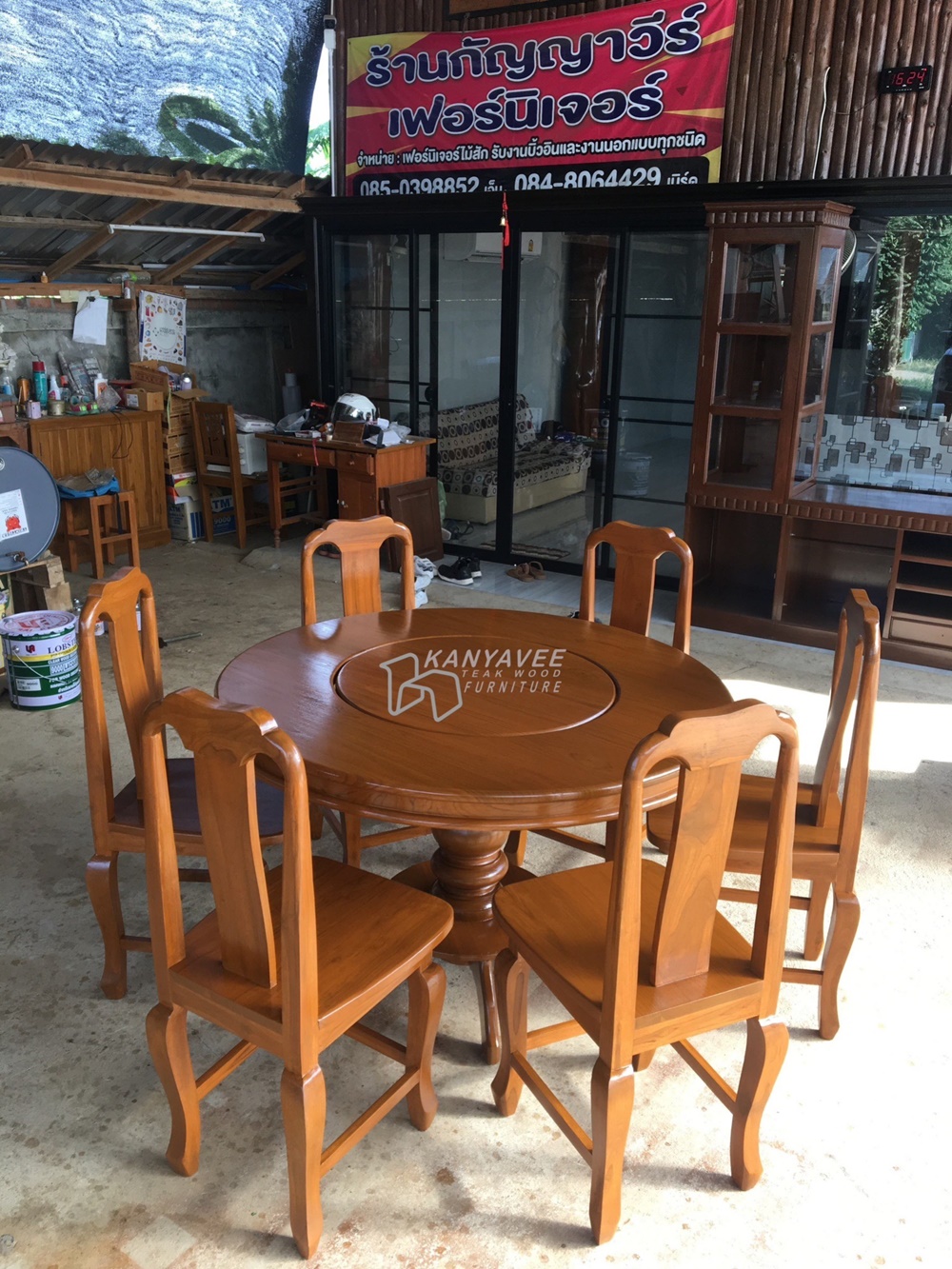 ชุดโต๊ะกลมหมุนกลางไม้สัก 6 ที่นั่ง