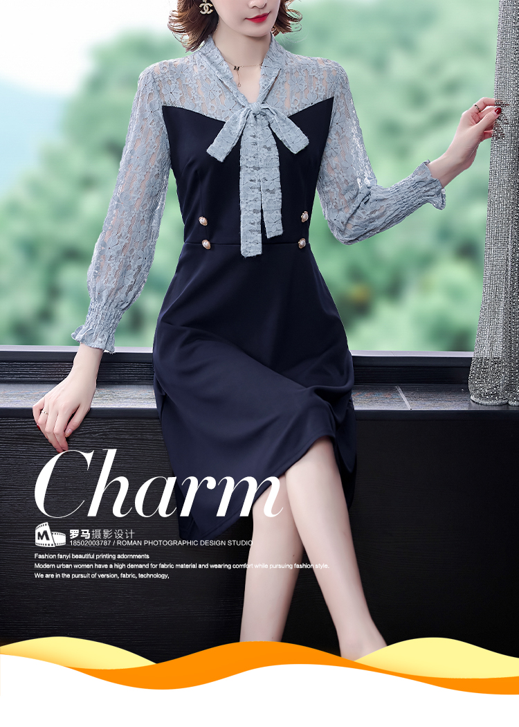 ชุดเดรสสีน้ำเงินแขนยาว ผ้าคอตตอนผสม spandex เนื้อดี ทิ้งตัวสวย ส่งฟรี