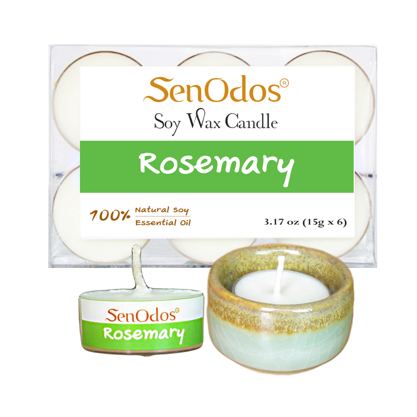 SenOdos เทียนหอมอโรม่า เทียนทีไลท์ Tealight Set Rosemary Soy Candles - กลิ่นโรสแมรี่แท้ 15 g. (6 ชิ้น) + เชิงเทียน ที่วางเทียนทีไลท์ ศิลาดล (เซลาดล) สีเขียวหยกขอบทอง