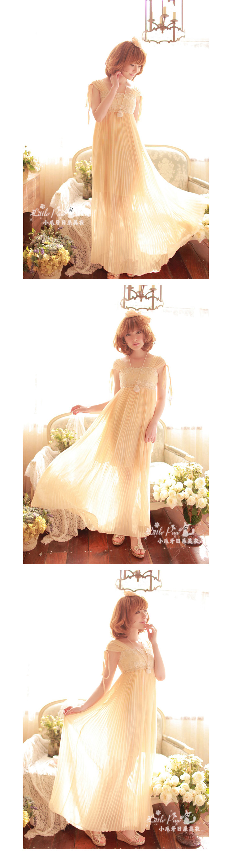 ชุดเดรสยาว ผ้าชีฟองสีฟองสีเหลือง กระโปรงอัดพลีต ส่งฟรี ems