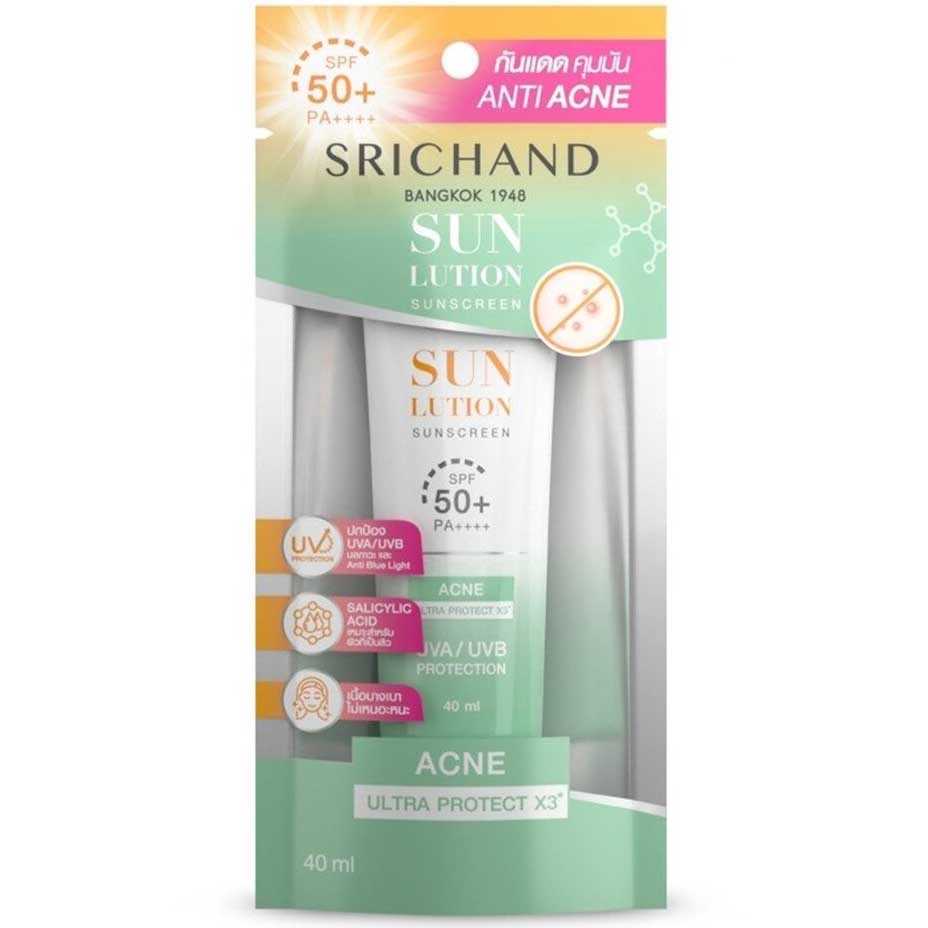 Srichand Sunlution Acne Care Sunscreen SPF 50+ PA++++ 40 ML. ศรีจันทร์ ซันลูชั่น แอคเน่ แคร์ ซันสกรีน เอสพีเอฟ 50+ พีเอ++++ 40 มล. กันแดดสูตรแอนตี้แอคเน่ บล็อกสิว สยบผิวมัน