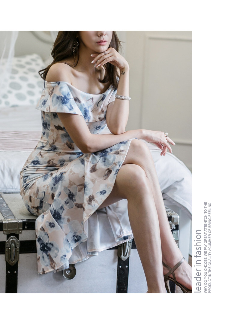 ชุดเดรสออกงานพิมพ์ลายดอกไม้โทนสีน้ำเงิน ส่งฟรี ems