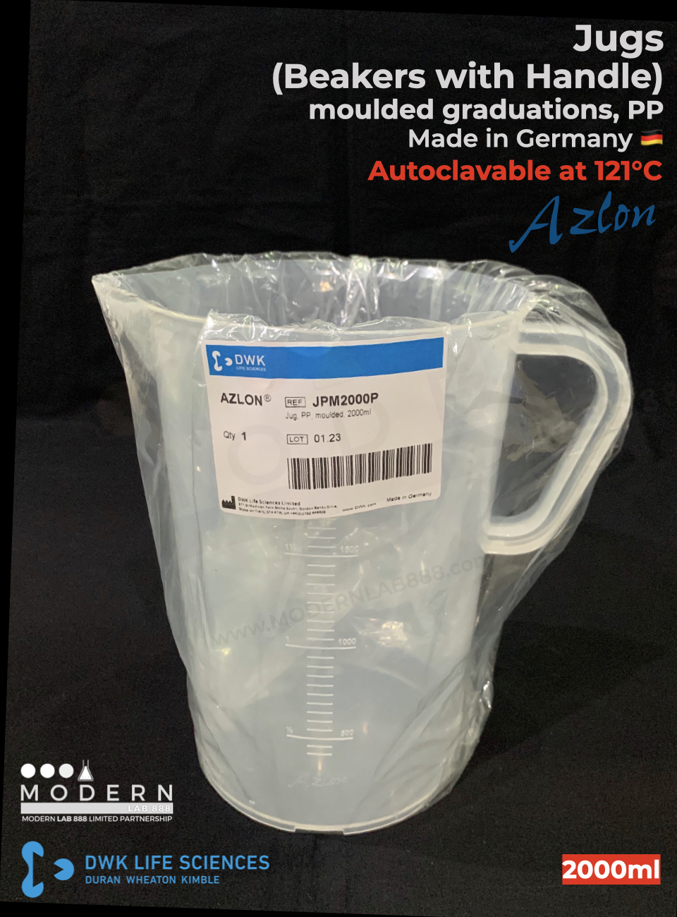 บีกเกอร์มีหูจับ พลาสติก PP แบบสเกลตัวนูน / Jug, moulded graduations, PP, "AZLON"