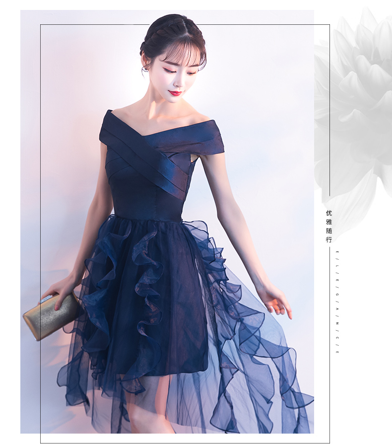 ชุดราตรีสีน้ำเงิน ดีไซน์กระโปรงหน้าสั้นหลังยาว ส่งฟรี