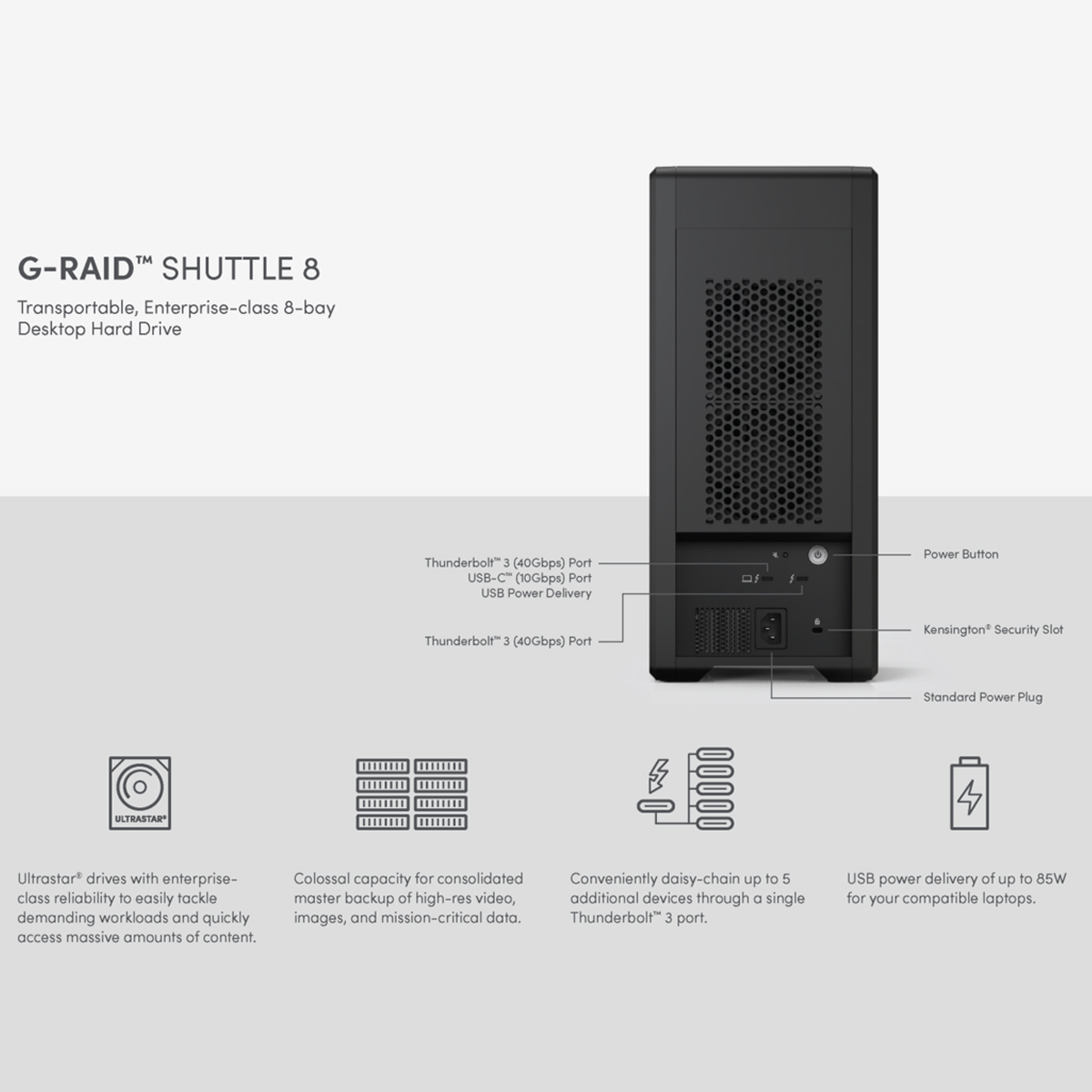 G-RAID SHUTTLE 8 (SDPH48H) Enterprise-class 8-bay External Hard Drive; Ultrastar drives inside, Thunderbolt 3 and USB-C, Transportable, hardware RAID; up to 1900MB/s read SanDisk Professional