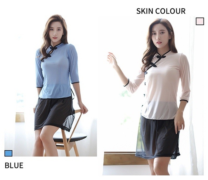 C8002 ชุดนักเรียนจีนแบบโบราณ ชุดนักเรียนจีนสไตล์วินเทจย้อนยุคมาในแบบ2ชิ้นประกอบไปด้วย เสื้อแขนยาวคอจีนแต่งกระดุมเชือกเป็นผ้าซีทรูเนื้อนิ่มๆและกระโปรงซีทรูสีดำขอบเป็นยางยืดตามรูปเลยค่ะ