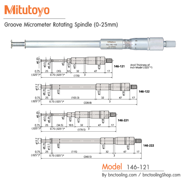 Mitutoyo,Groove Micrometer Rotating Spindle (0-25mm),146-121