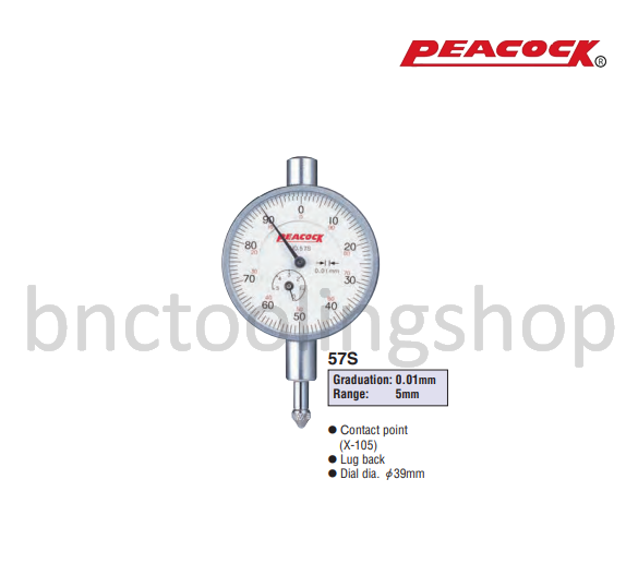 ไดอัลเกจหน้าปัดเล็ก ขนาด 5มิล ความละเอียด 0.01มิล,Miniature Dial Gauges Range 5mm Graduation 0.01mm,Peacock,57S