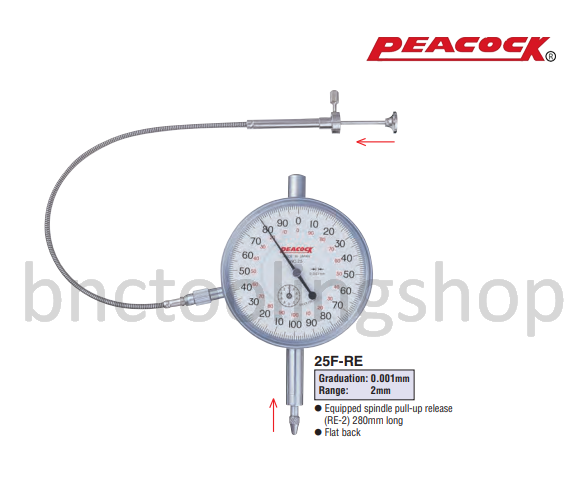 ไดอัลเกจขนาด 2มิล ความละเอียด 0.001มิล,Standard Dial Gauges Range 2mm Graduation 0.001mm,Peacock,25F-RE
