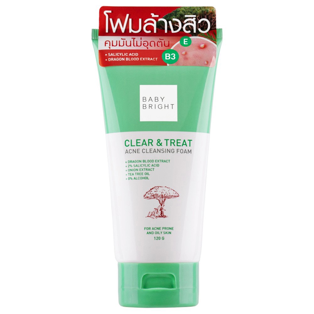 BABY BRIGHT Clear & Treat Acne Cleansing Foam 120 g. เบบี้ไบร์ท โฟมล้างหน้า เคลียร์แอนด์ทรีทแอคเน่คลีนซิ่งโฟม เหมาะสำหรับผู้ที่มีสภาพผิวมัน ผิวผสม ไปจนถึงผิวบอบบางเป็นง่าย 120 กรัม (หลอดเขียว)