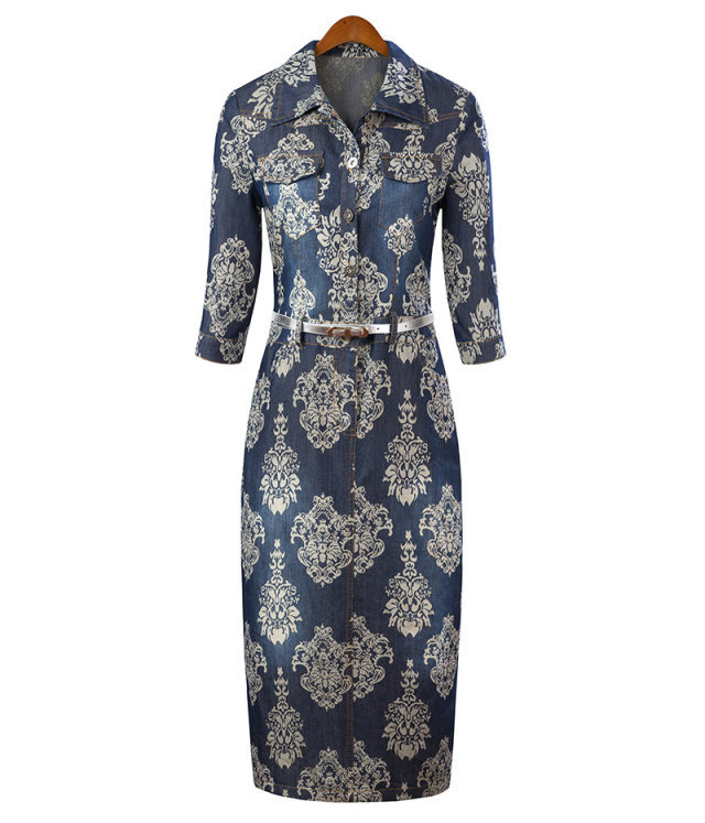 ชุดเดรสยีนส์ยาว ผ้ายีนส์เนื้อบางสวมใสสบาย พิมพ์ลายในตัว ส่งฟรี ems