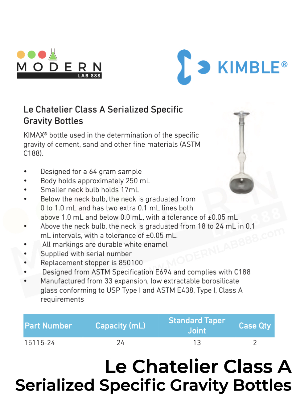 Le Chatelier Class A Serialized Specific Gravity Bottles