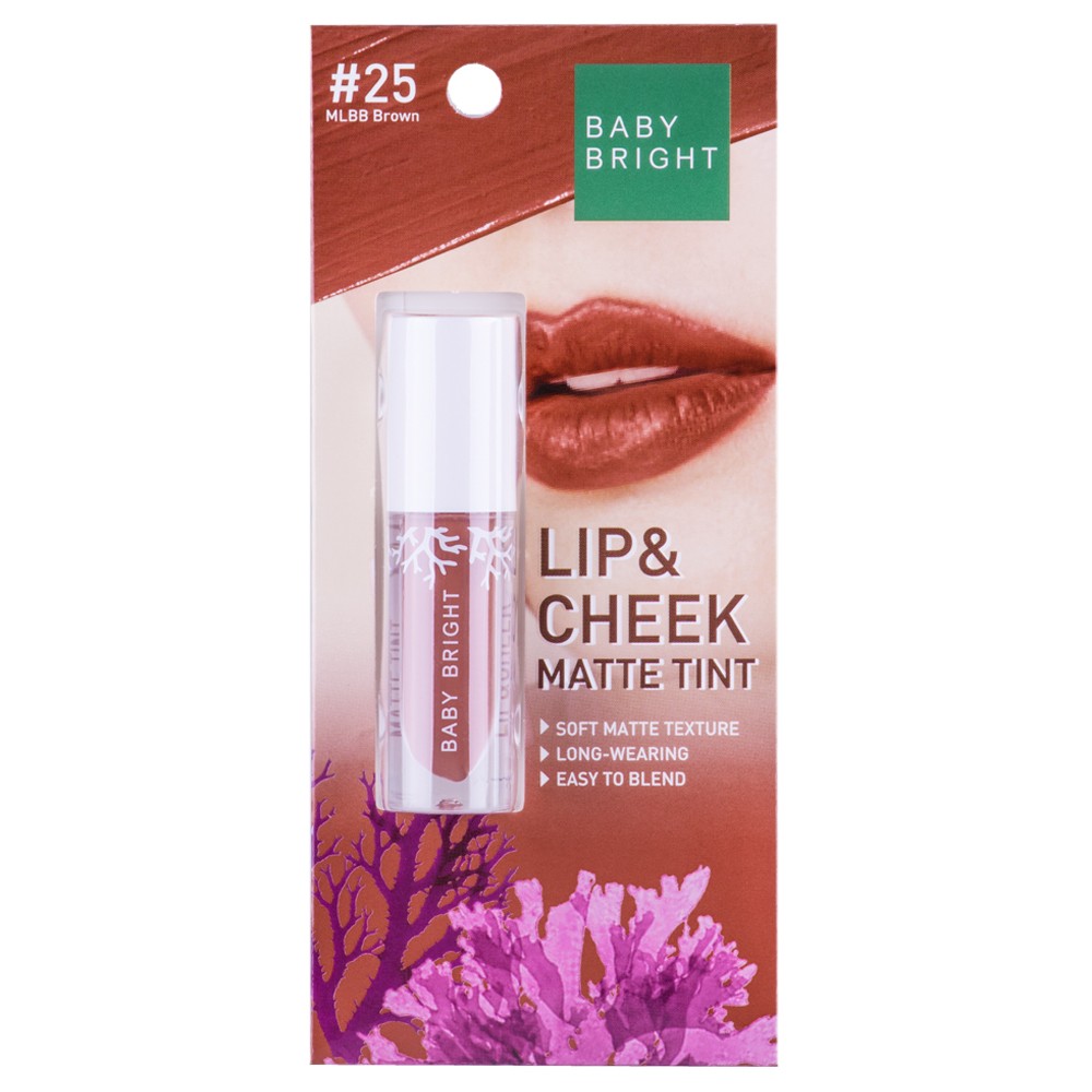 BABY BRIGHT LIP & CHEEK MATTE TINT 2.4G #25 Mlbb Brown ลิปเบบี้ไบร์ท ลิปทิ้น ทิ้นท์ เนื้อแมท ใช้ได้ทั้งปากและแก้ม 2.4 กรัม สี 25 เอ็มแอลบีบีบราวน์