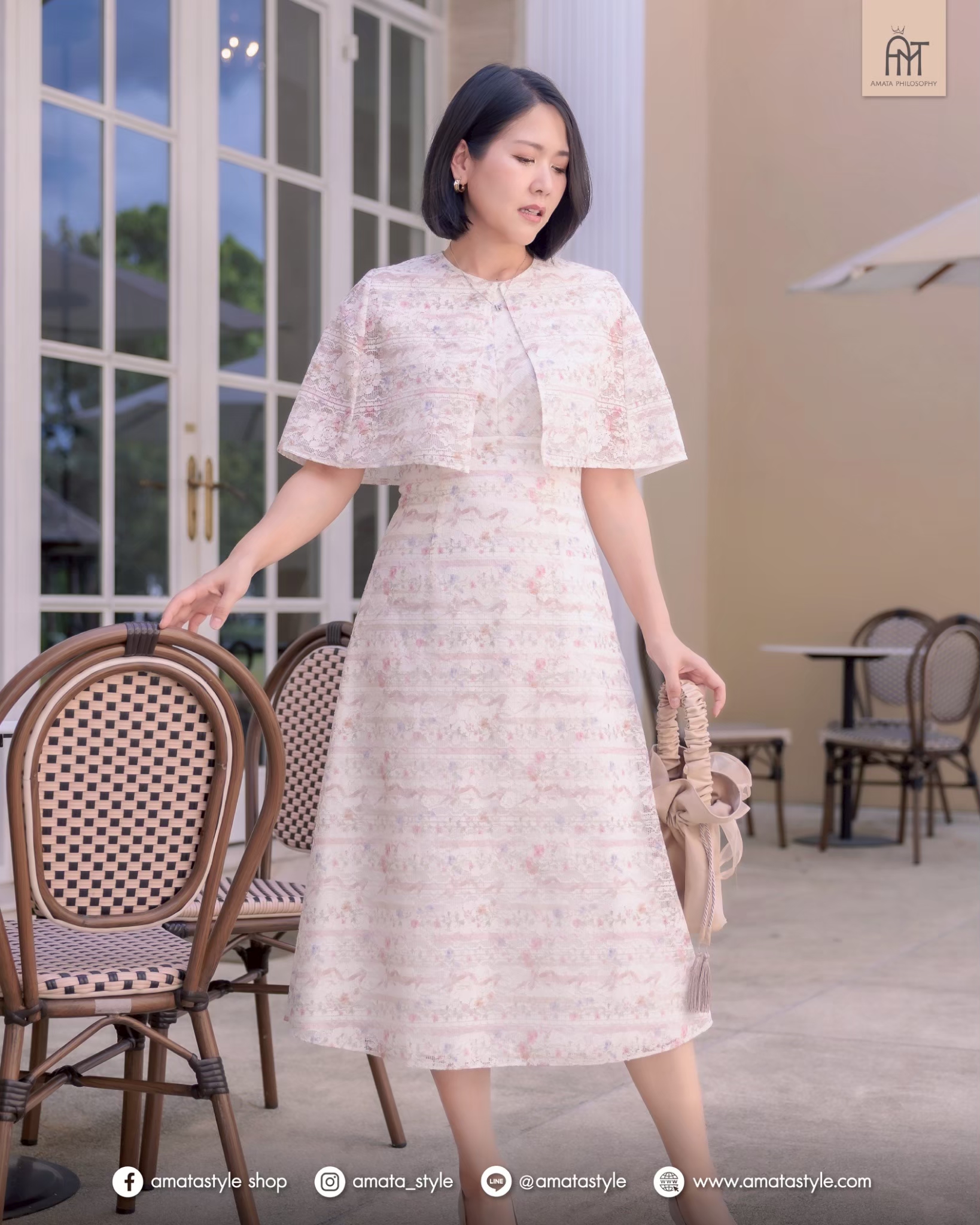 AMATA เดรส TWINNING สีชมพู และ ครีม