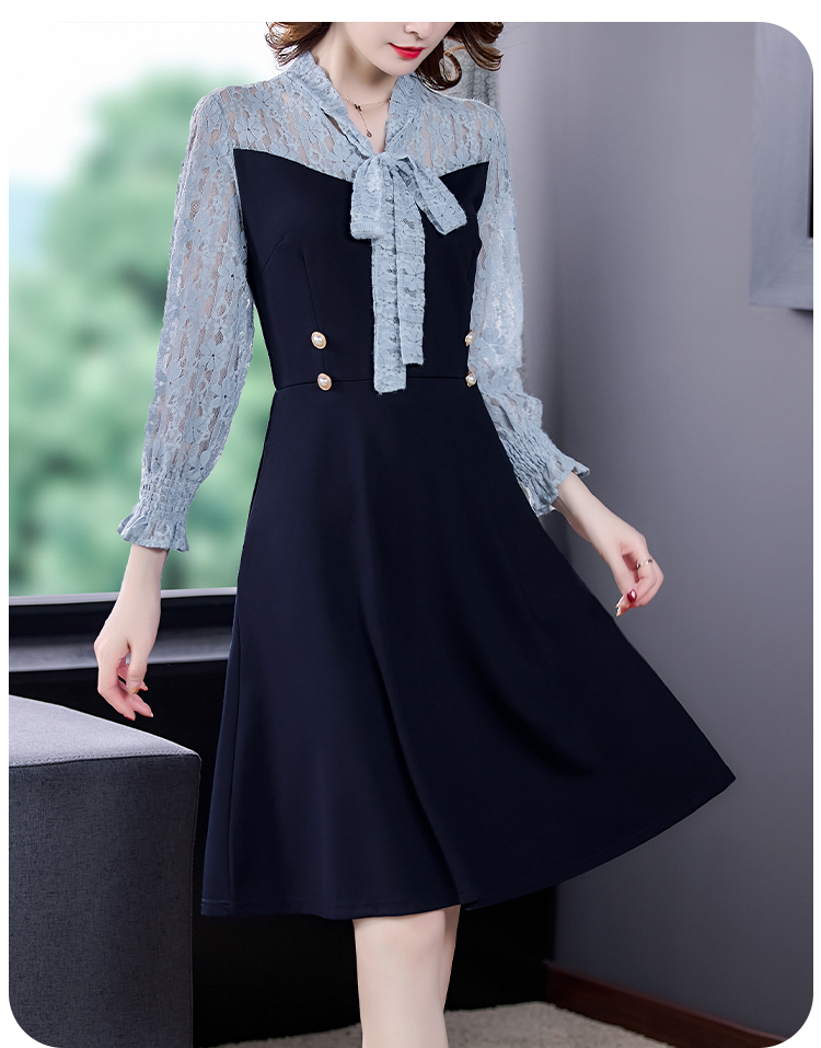 ชุดเดรสสีน้ำเงินแขนยาว ผ้าคอตตอนผสม spandex เนื้อดี ทิ้งตัวสวย ส่งฟรี