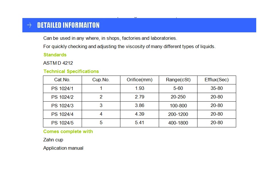 Zahn Viscosity Cup Viscometer Flow Cup Stainless Steel paint kinds of liquids (BRAND PUSHEN) Model: PS 1021 (1,2,3,4)