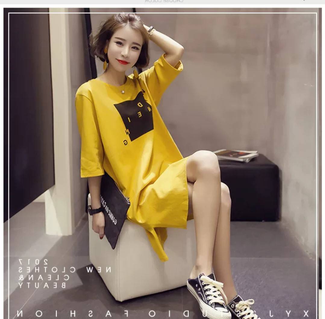 WD09/เดรสสีเหลืองสีสดใส สกรีนด้านหน้า ผ้านิ่มยืด