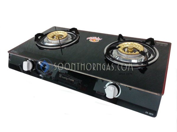 เตาแก๊สหน้ากระจก 2 หัว แบบตั้งโต๊ะ ข้างสแตนเลส Luckyflame รุ่น AG-102S