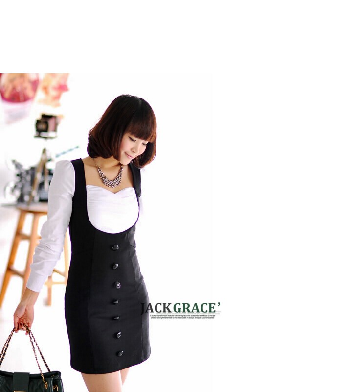 ชุดเดรสแขนยาว ทูโทนสีดำขาว ส่งฟรี ems