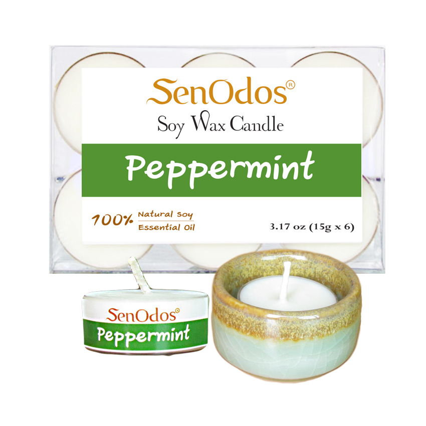 SenOdos เทียนหอม อโรม่า เทียนทีไลท์ Tealight Set Peppermint Scented Soy Candles Aroma - กลิ่นเปปเปอร์มินท์แท้ 15 g (6 PCS) + เชิงเทียน ที่วางเทียนทีไลท์ ศิลาดล (เซลาดล) สีเขียวหยกขอบทอง