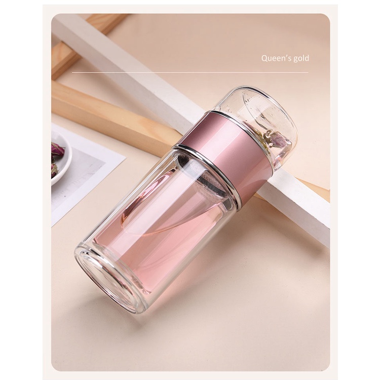 ขวดน้ำแก้วพร้อมที่กรอง SUS304 ผนังสองชั้น 420ml. (สีทอง หรือ ชมพู)