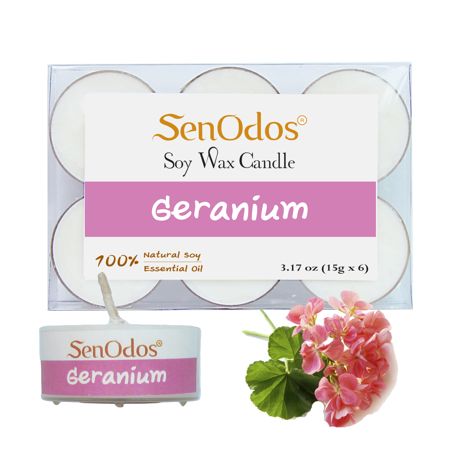 SenOdos เทียนหอม อโรม่า เทียนทีไลท์ Tealight Set Geranium Soy Candles - กลิ่นเจอร์เรเนียมแท้ 15 กรัม 6 ชิ้น