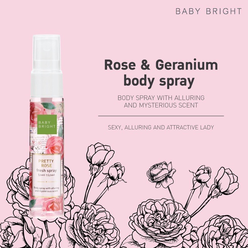 BABY BRIGHT Pretty Rose Fresh Spray 20ML เบบี้ไบร์ท สเปรย์น้ำหอม สเปรย์บำรุงผิวกาย กลิ่นดอกกุหลาบและดอกเจอเรเนียม กลิ่นหอมเย้ายวน 20 มล.