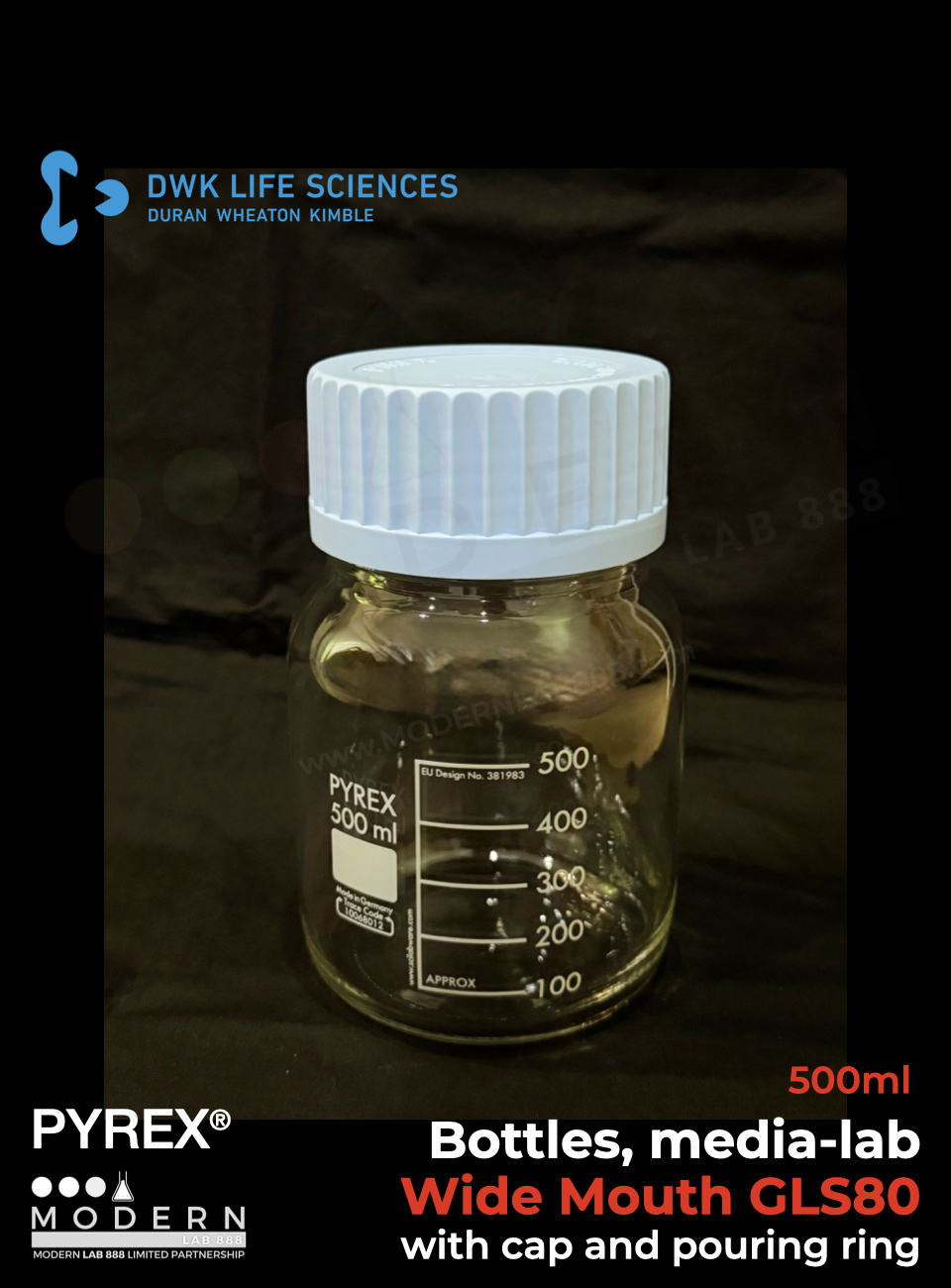 ขวดมีเดียปากกว้าง GLS80 / Bottles, media-lab, Wide Mouth with cap and pouring ring, PYREX
