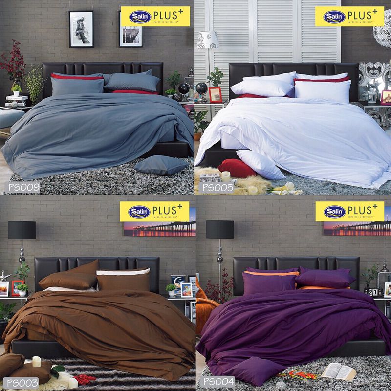 ชุดผ้าปูที่นอน ขนาด 5 ฟุต หรือ 6 ฟุต พร้อมผ้านวม Satin Plus รุ่น Solid Series สีพื้น