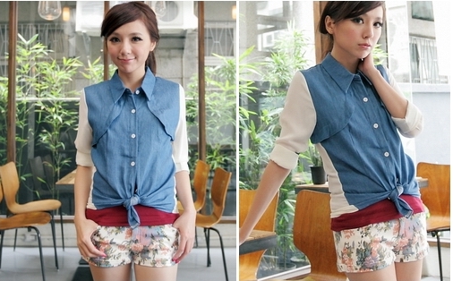 เสื้อตัวบน ผ้ายีนส์บาง กระดุมหน้าตลอดตัว แขนยาว ส่งฟรี ems