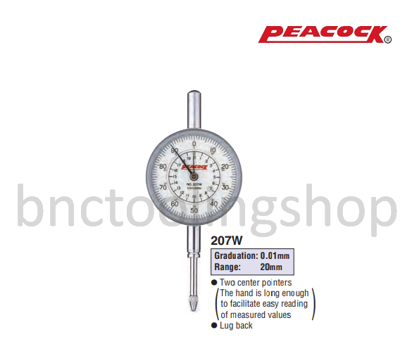 ไดอัลเกจขนาด 20มิล ความละเอียด 0.01มิล,Long Travel Dial Gauges Range 20mm Graduation 0.01mm,Peacock,207W