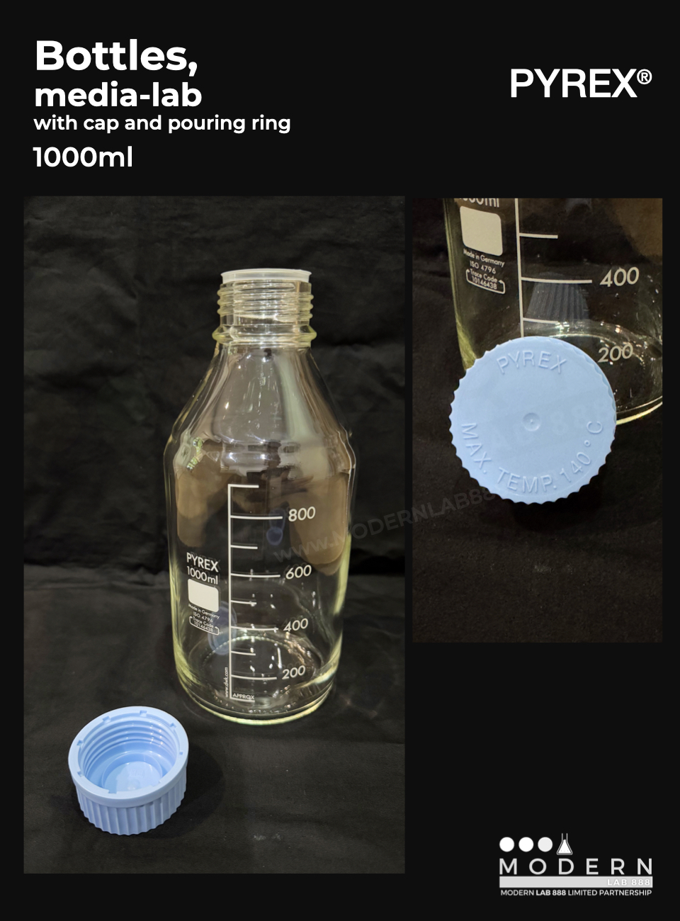 ขวดมีเดีย / Bottles, media-lab, with cap and pouring ring, PYREX