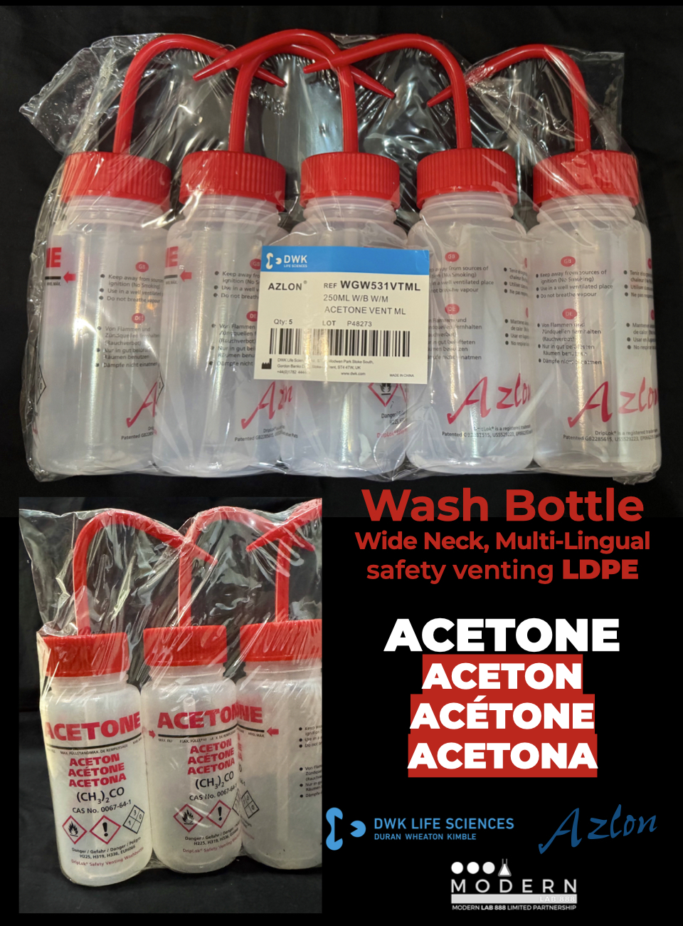 ขวดฉีดล้างพลาสติก ACETONE / AZLON® Wash Bottle, safety venting LDPE, "ACETONE"