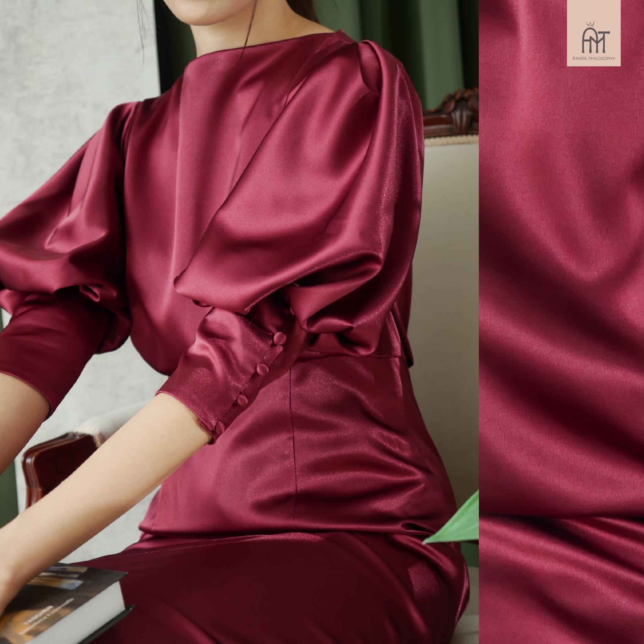 AMATA เดรสแขนพอง สีแดง