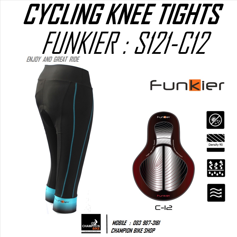 กางเกงปั่นจักรยานผู้หญิง ขา3ส่วน FUNKIER : S121-C12 GENTS LADIES PRO KNEE TIGHTS สีดำ-ฟ้า