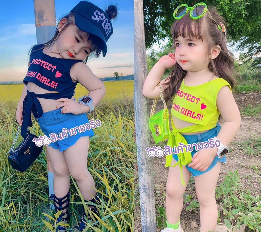SS18/💜พร้อมส่ง💜ชุดเด็กผู้หญิง เสื้อกล้ามผูกเอว สกรีนสีชมพู+กางเกงขาสั้นมีโซ่