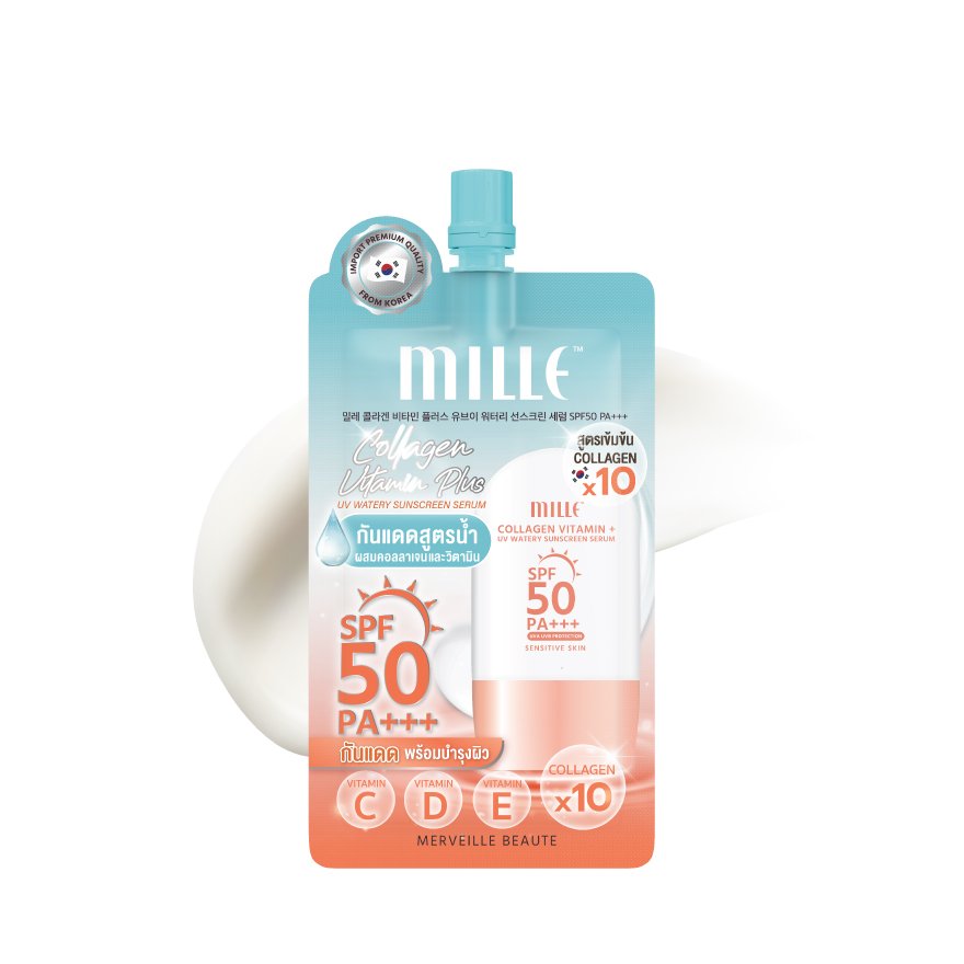(แบบซอง) MILLE COLLAGEN VITAMIN PLUS WATERY SUNSCREEN SERUM SPF50 PA+++ 6G. มิเล่ เซรั่มกันแดดวิตามิน สูตรน้ำ พร้อมบำรุงผิวSPF50 PA+++ ขนาด 6 กรัม
