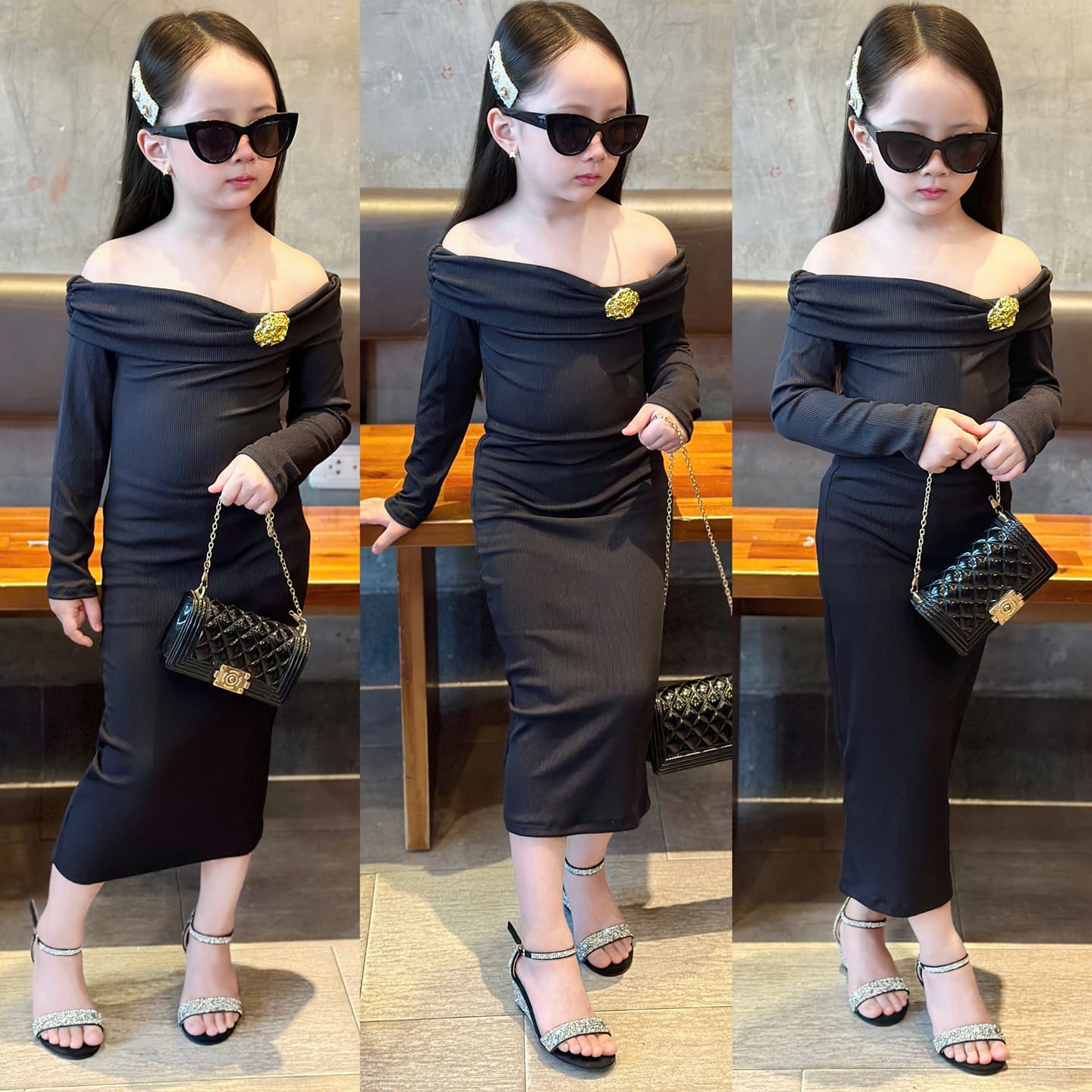 🔥พร้อมส่ง P10.83 Size 4: 19-21kg เดรส เปิดไหล่ เข็มกลัดทอง งแฟชั่นเวียดนาม
