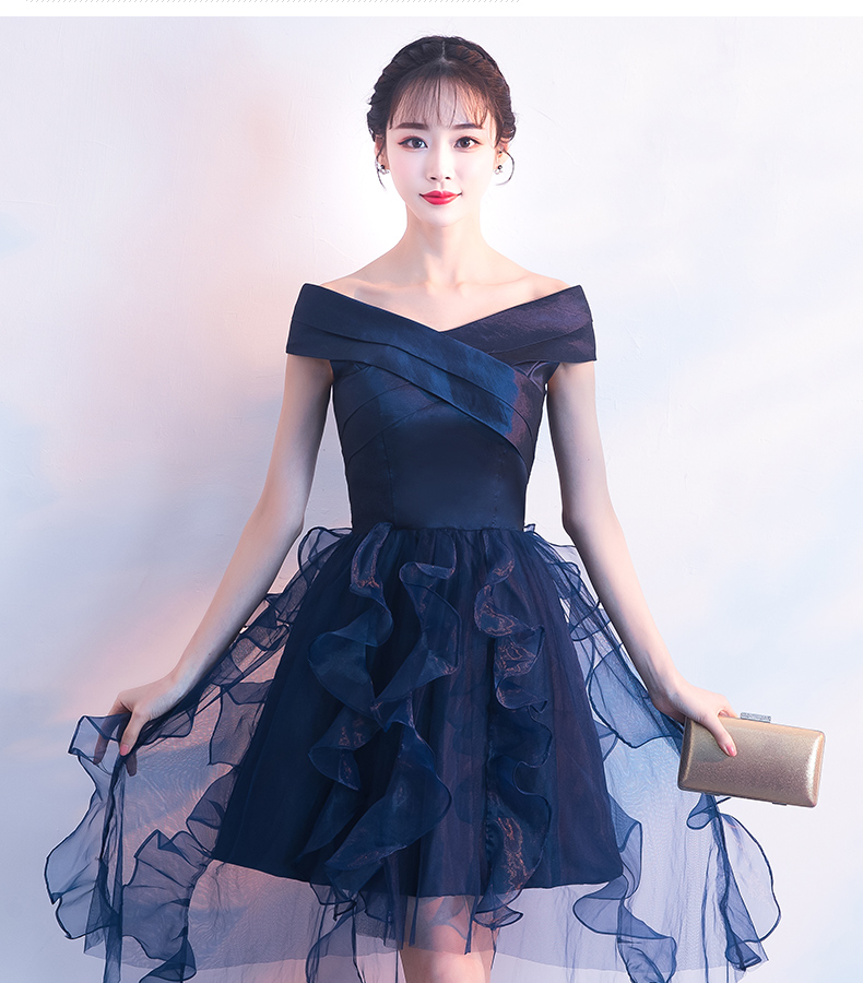 ชุดราตรีสีน้ำเงิน ดีไซน์กระโปรงหน้าสั้นหลังยาว ส่งฟรี