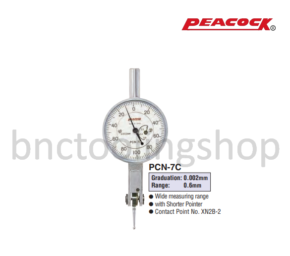 ไดอัลเทส ขนาด 0.6มิล ความละเอียด 0.002มิล,Lever Type Dial Indicator Range 0.6mm Graduation 0.002mm,Peacock,PCN-7C