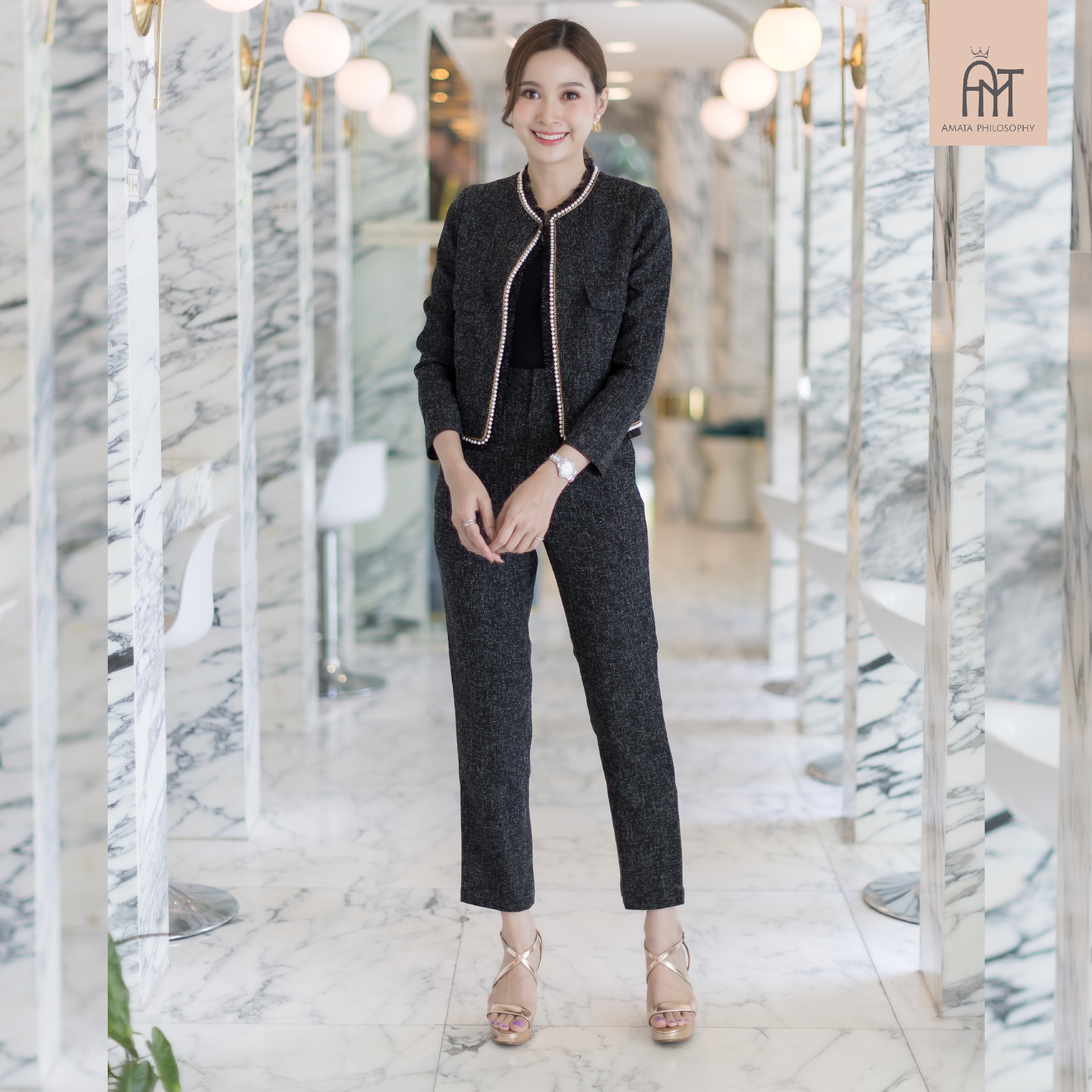 AMATA กางเกงผ้าทวีตลายทาง Tweed O clock Pants สีดำ