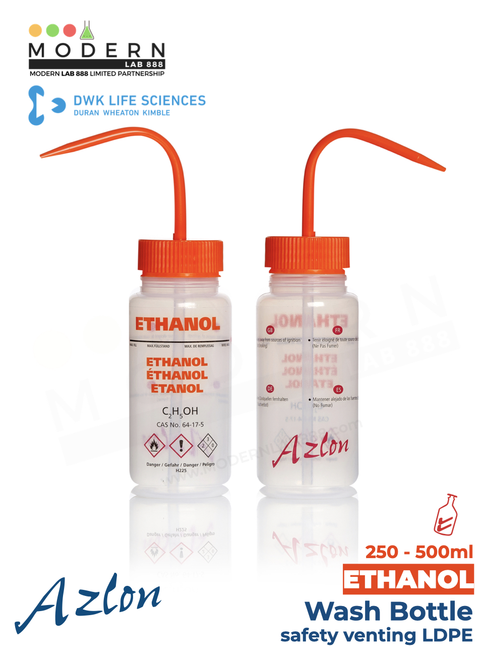 ขวดฉีดล้างพลาสติก ETHANOL / AZLON® Wash Bottle, safety venting LDPE, "ETHANOL"