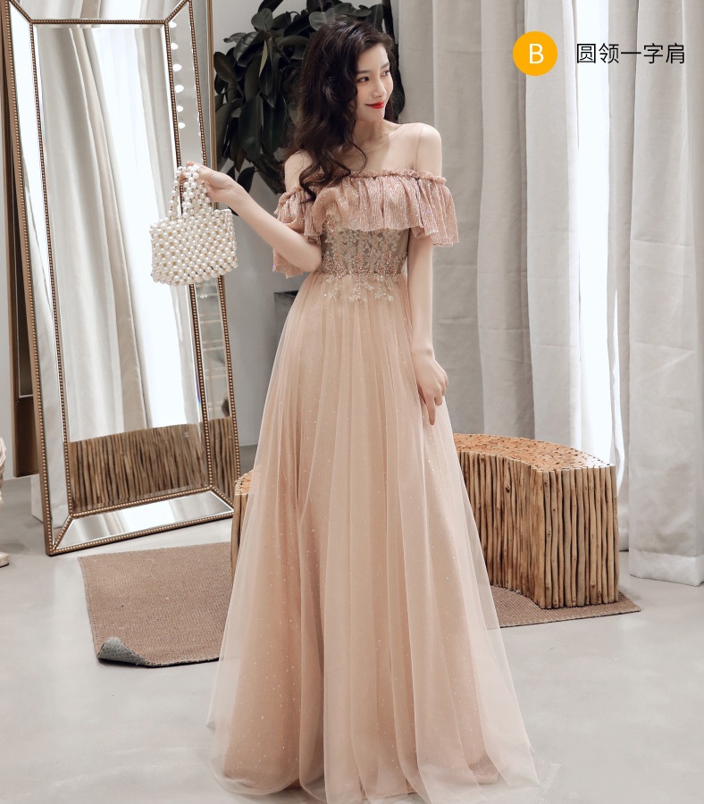 ชุดราตรียาว ชุดเดรสออกงานยาวสวยหรู สีน้ำตาลทอง ส่งฟรี ems
