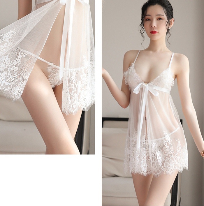 N554 ชุดนอนเซ็กซี่ ชุดนอนไม่ได้นอนเป็นผ้าลูกไม้สวมใส่แบบคล้องไหล่จากด้านหลังแล้วมาเกี่ยวที่ด้านหน้า หลังจากนั้นค่อยผูกริบบิ้นผ้าเป็นโบว์ตามรูปถ่ายสินค้าจริงเลยค่ะ