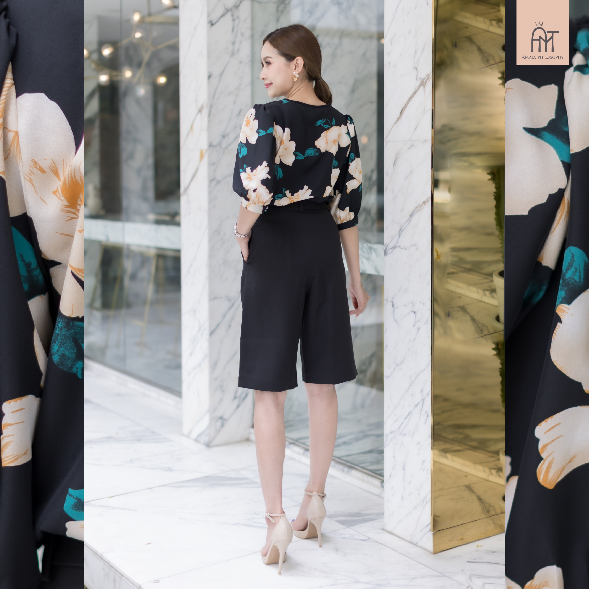 AMATA กางเกงขาสั้นเอวสูง DIRTY COFFEE สีดำ สีขาว