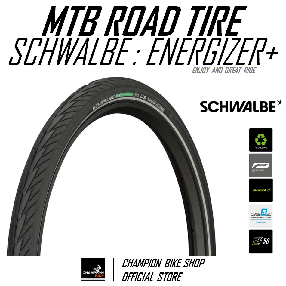 ยางเสือภูเขาทางเรียบ26x1.75 SCHWALBE : ENERGIZER+ 26x1.75 MTB ROAD TIRE / E-BIKE TIRE ขอบลวด มีกันหนาม