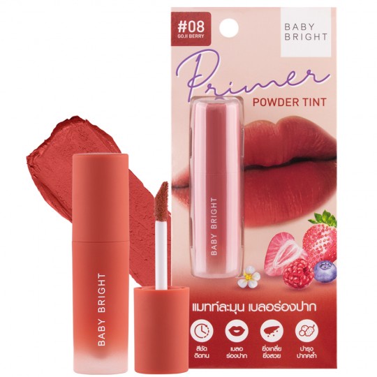 Baby Bright Primer Powder Tint Lip #08 Goji Berry 2.4 G. ลิปเบบี้ไบรท์ ลิปไพรเมอร์ พาวเดอร์ ทินท์ ลิปทินท์เนื้อแป้ง แมทท์ นุ่มละมุน สี 08 Goji Berry 2.4 กรัม