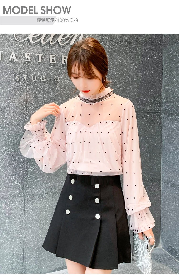 เสื้อสีชมพูอ่อน ลายจุดเล็กๆๆสีดำ เสื้อใส่ทำงานสวยๆๆ ส่งฟรี ems