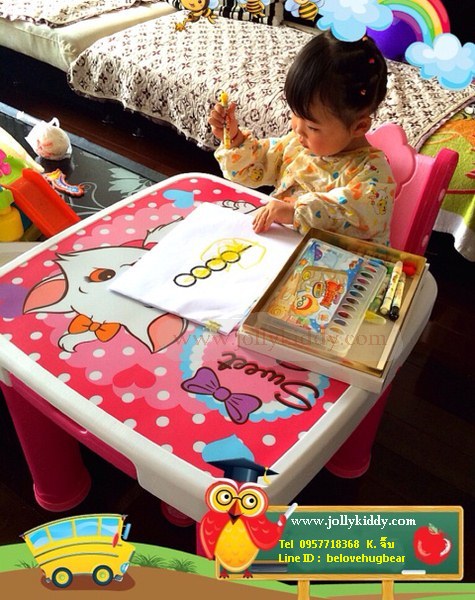 E10903 ชุดโต๊ะเรียนเขียนหนังสือสำหรับเด็กแบบน็อกดาวน์ ลายการ์ตูนแมวชมพู